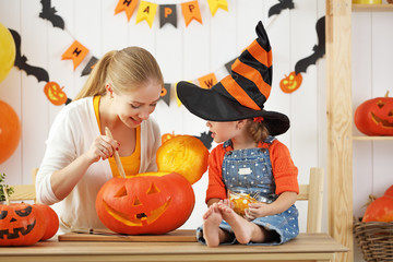  family mother and child daughter are preparing for Halloween an
