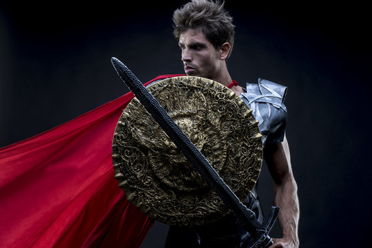 Power, centurion or Roman warrior with iron armor, military helm