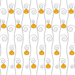 White seamless pattern with pumpkin, leaves and swirls. Stylish linear seamless background. vector illustration.