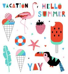 Summer lettering Scandinavian set with holiday Summer Elements. 