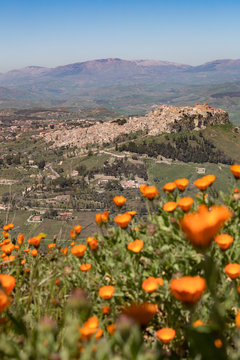 The small hill town of Calascibetta seen from Enna, Sicily