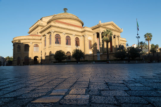 Morning light on Teatro Massimo, one of the largest opera houses in Europe, Palermo, Sicily