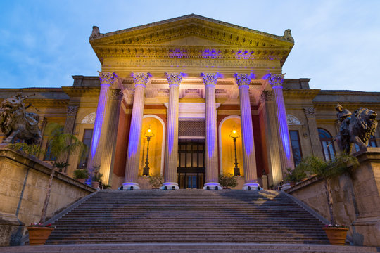 Entrance to Teatro Massimo at night, one of the largest opera houses in Europe, Palermo, Sicily