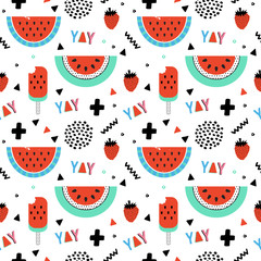 Summer seamless pattern with bananas and watermelon in pop art style. 