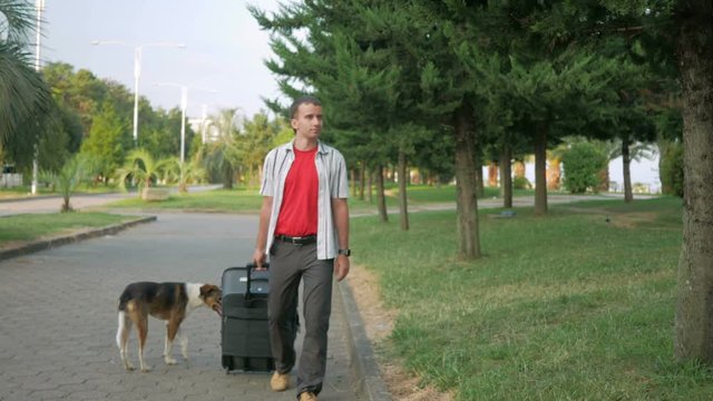 Young man tourist is with a large suitcase on wheels around the city park. He stops and looks around. Nearby walks stray dog