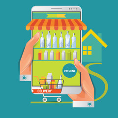 Colorful vector illustration concept for online ordering of food. Vector illustration concept for grocery delivery.