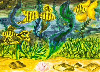 Hand painted picture, golden fishes