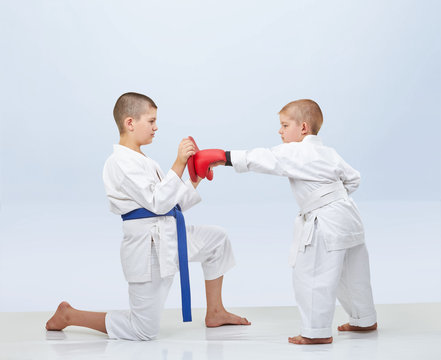 Little karateka beats punch on the simulator that brother keeps