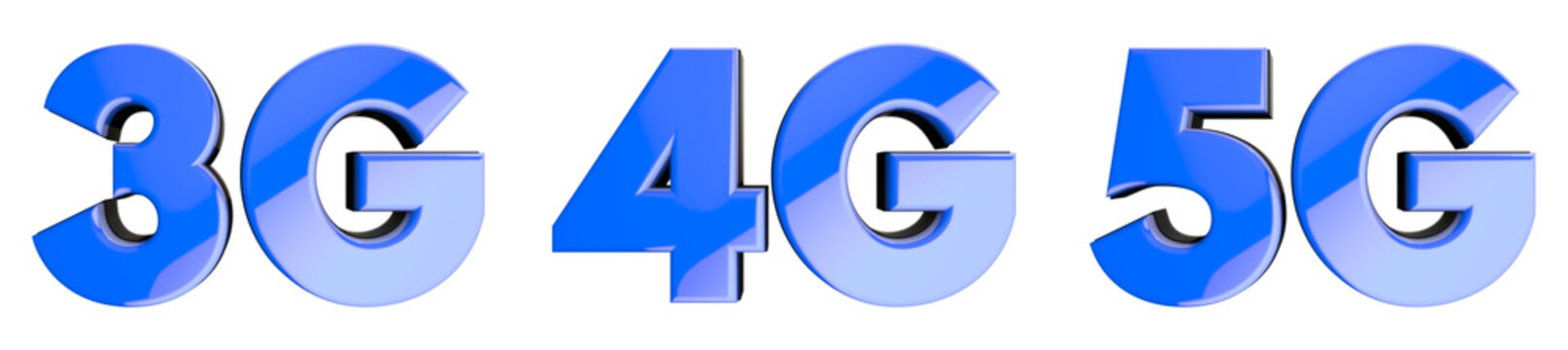Blue glossy icon set witg mobile network speed symbols: 3G, 4G, 5G. 3D render with deph of field