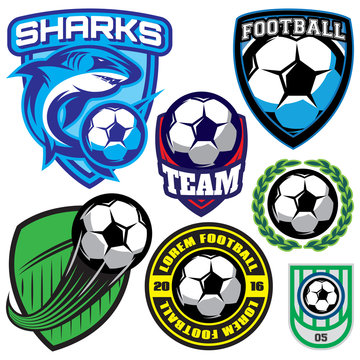 sports badge with a soccer ball and shark for the team, colored vector illustration