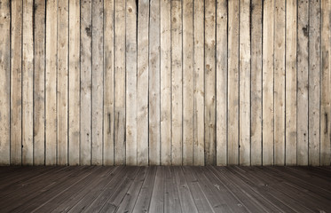 Rendering of interior with wooden wall and floor.