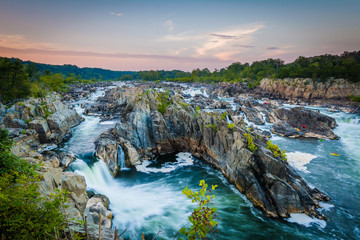 View of rapids in the Potomac River at sunset, at Great Falls Pa - Powered by Adobe