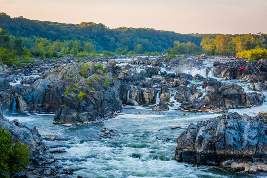 View of rapids in the Potomac River at sunset, at Great Falls Pa © jonbilous