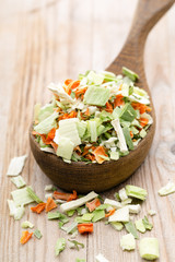 Dried vegetable spice. Bio herbs product. Finely chopped herbs.