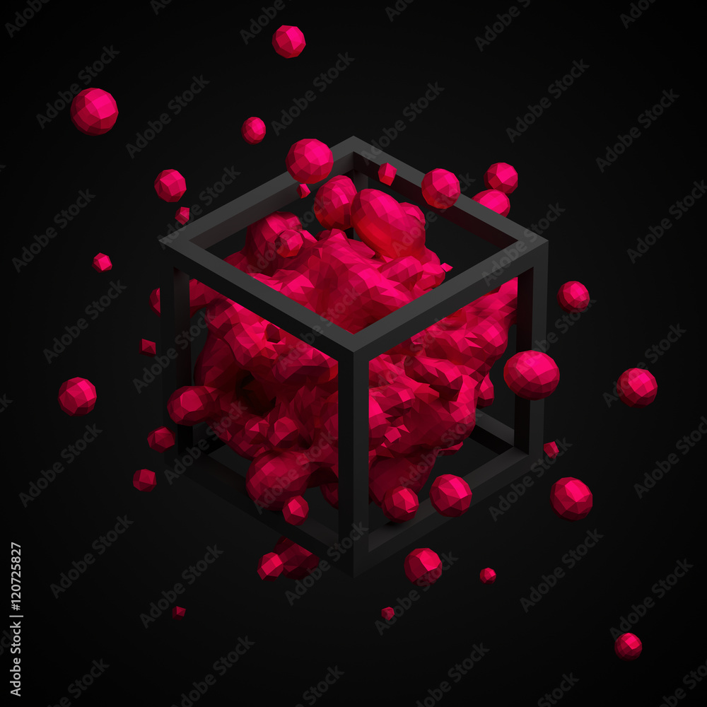 Poster abstract 3d rendering of chaotic low poly liquid in cube. background with dynamic polygonal fluid sp