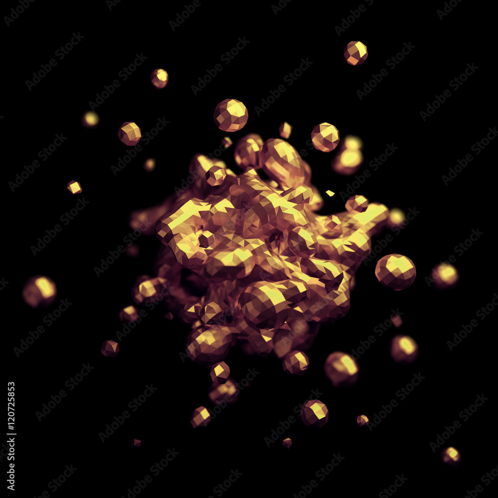 Poster abstract 3d rendering of chaotic low poly liquid. background with dynamic polygonal fluid splash. de