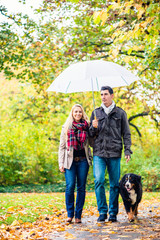 Naklejka na ściany i meble Woman and man having walk with dog in autumn rain