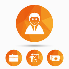 Businessman signs. Human and cash money icons.