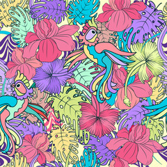 Vector flower pattern. Seamless botanic texture, detailed flowers illustrations. Tropical plants and parrots. Floral pattern in doodle style, summer floral background.