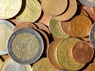 Many euro coins, pile of euro money