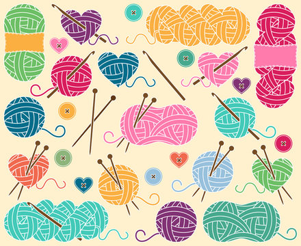Cute Vector Collection of Balls of Yarn, Skeins of Yarn or Thread for Knitting and Crochet