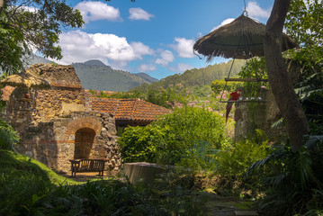 Obraz premium Macaw in colonial convent ruins with mountains