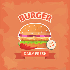 Fast food Burger with sesame meat salad and cheese pop art retro style. Healthy and unhealthy food. Hamburger with chili