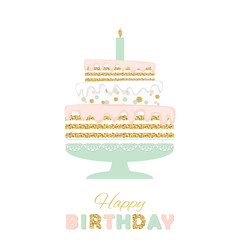 Birthday cake with glitter isolated on white. Greeting card template. For print and web.