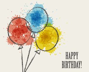 Card with colored watercolor paint balloons. Vector isolated illustration