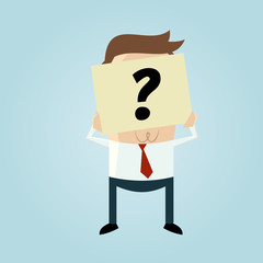 businessman hiding his face behind a question mark note