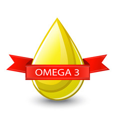 shiny yellow blob with red ribbon. It is written on a ribbon of omega 3