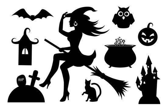 black silhouettes collection Halloween symbols on a white background