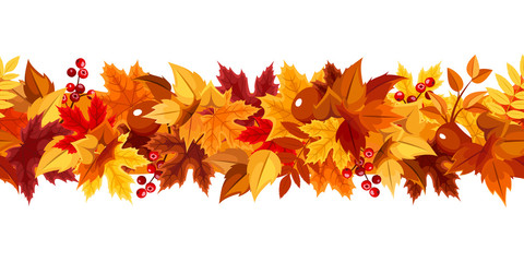 Fototapeta premium Vector horizontal seamless garland with red, orange, brown and yellow autumn leaves on a white background.