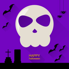 Halloween card template background with skull, graveyard and bat