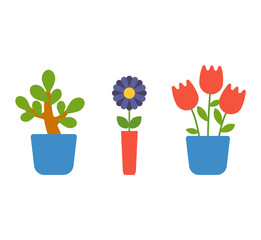 Flat pot with colorful flower. Nature home plant flower pot and spring decoration nature. Flower pot garden bloom flat vector. Spring colorful garden flowers