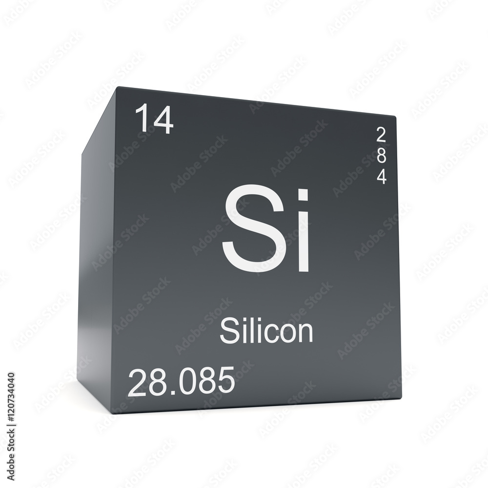 Poster silicon chemical element symbol from the periodic table displayed on black cube