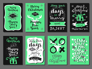 Merry Christmas and Happy New Year calligraphic set of greeting cards