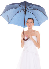 Bride woman in white wedding dress with umbrella.