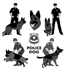 Set of icons with the image of a police dog Shepherd and cops
