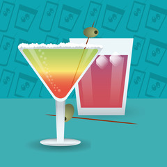 flat design cocktail drink glass over brightly colored  background image vector illustration 
