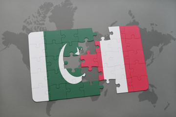 puzzle with the national flag of pakistan and peru on a world map background.