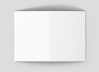 Photorealistic A5 Bifold Brochure Mockup on light grey background. 3D illustration. High Resolution Texture. Mockup template ready for your design. 