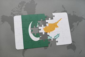 puzzle with the national flag of pakistan and cyprus on a world map background.