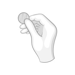 Hand holds a coin icon in black monochrome style isolated on white background. Money symbol vector illustration