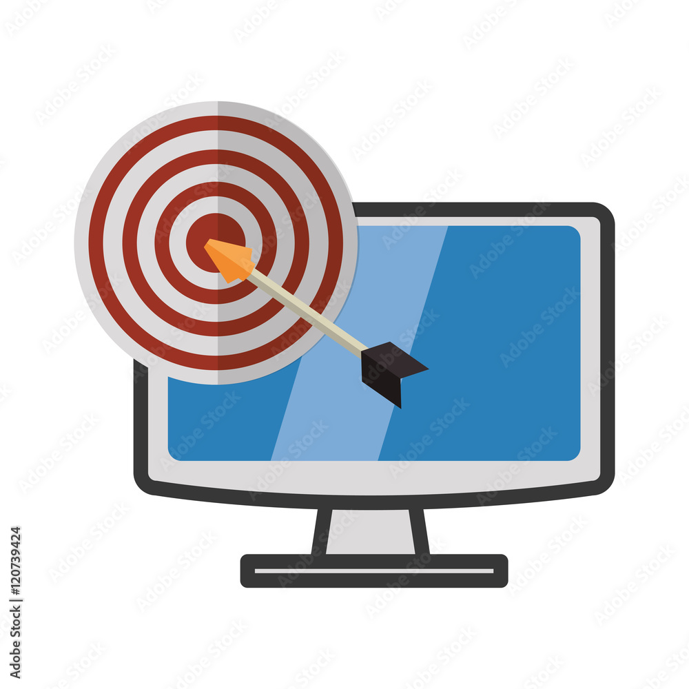 Poster target with arrow and computer icon. solution online and media theme. isolated design. vector illust