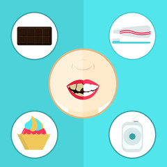 Comparison between healthy and rotten tooth. Face divided in half. Decayed teeth associated with chocolate, cupcake and sweets. Healthy teeth associated with tooth paste, tooth brush and floss