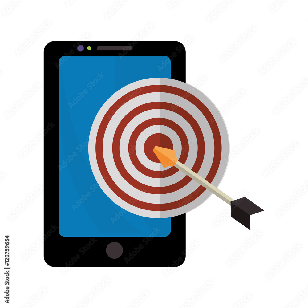 Poster target with arrow and smartphone icon. solution online and media theme. isolated design. vector illu