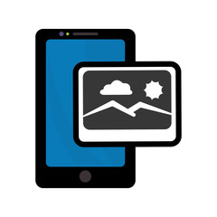 Picture of landscape and smartphone icon. photo online and media theme. Isolated design. Vector illustration
