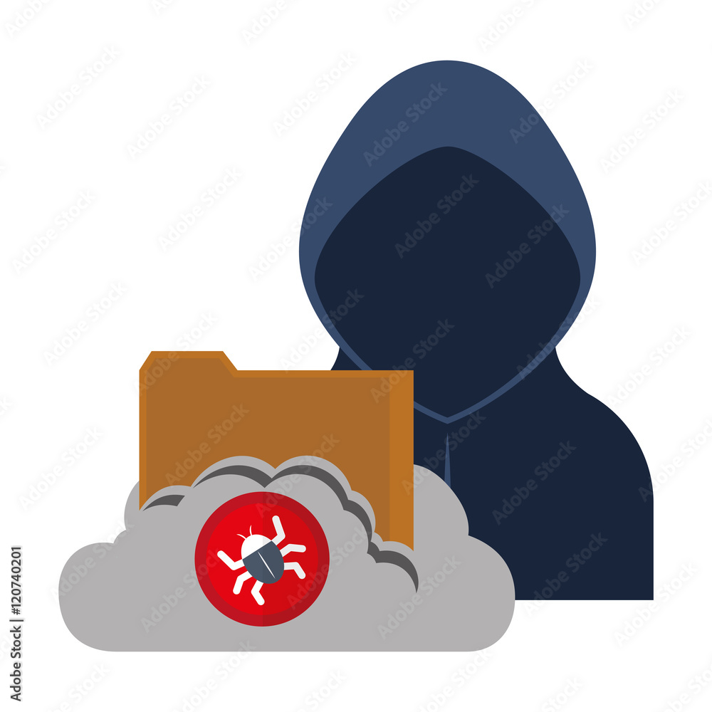 Poster hacker cloud bug and file icon. cyber security system and media theme. colorful design. vector illus