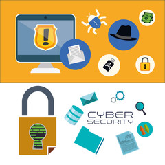 Computer Padlock and icon set. Cyber security system and media theme. Colorful design. Vector illustration